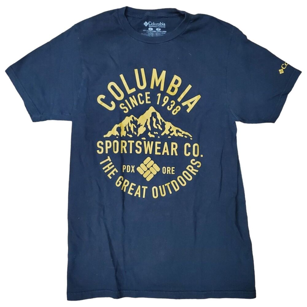 COLUMBIA Shirt Womens Small Black GREAT OUTDOORS Spell Out Hiking Trail Camping